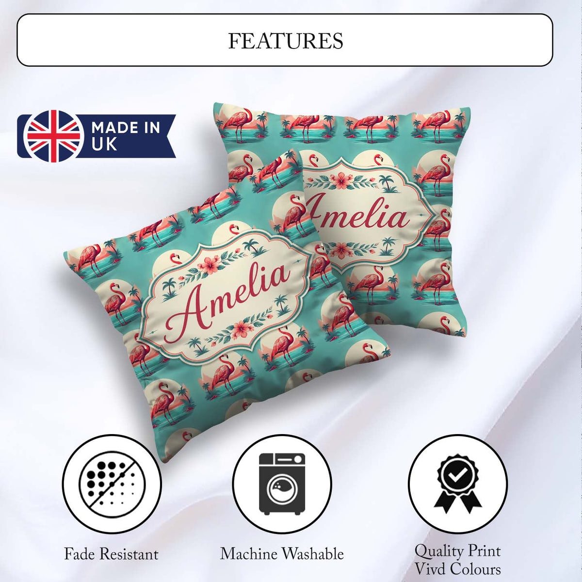 Custom Name Flamingo Island Sunset Scene Seamless Pattern Cute Square Filled Cushion Throw Pillow Sofa Bed Home Decor Zip Washable UK Made