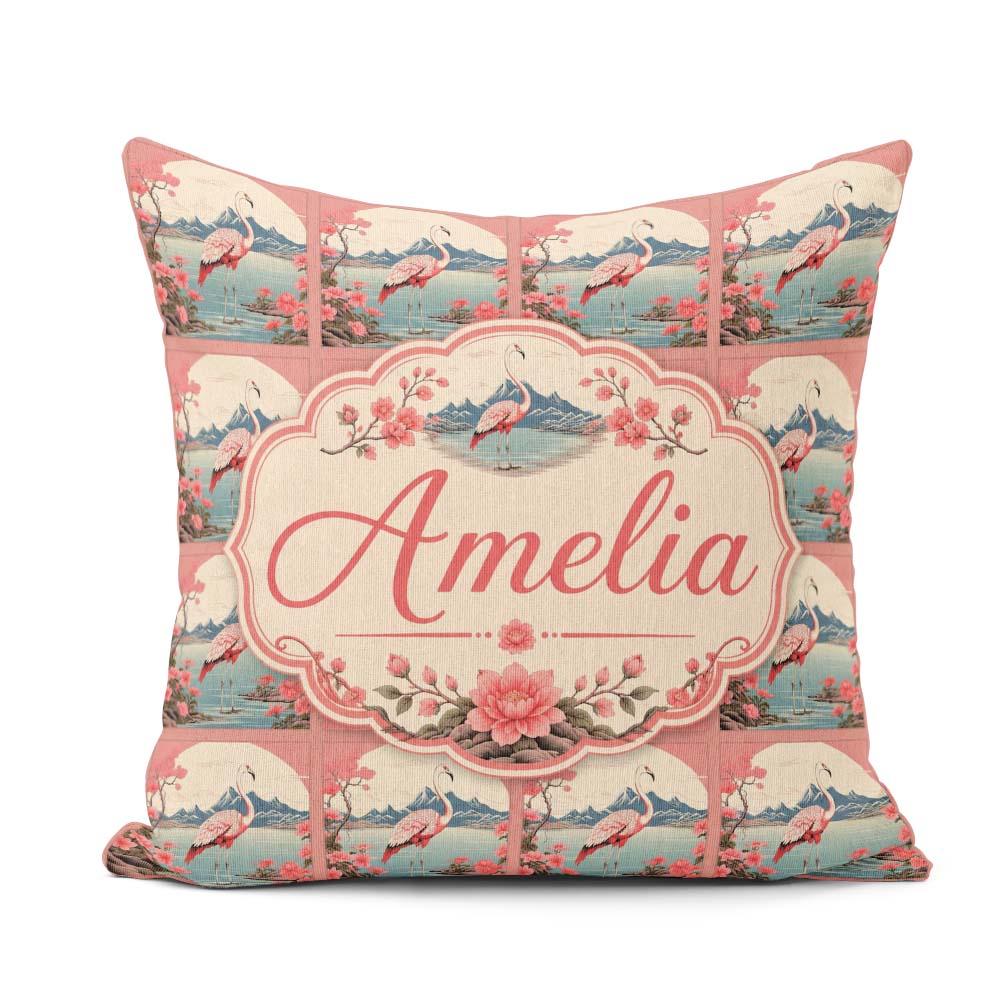 Custom Name Elegant Flamingo Lake with Cherry and Mountain Scene Square Filled Cushion Throw Pillow Sofa Bed Home Decor Zip Washable UK Made