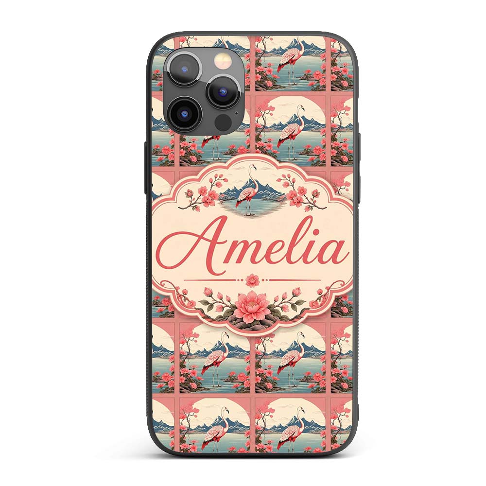 Elegant Flamingo Lake with Cherry Blossom and Custom Name Protective Phone Case Mobile Cover Durable Everyday Smartphone Shock Resistant