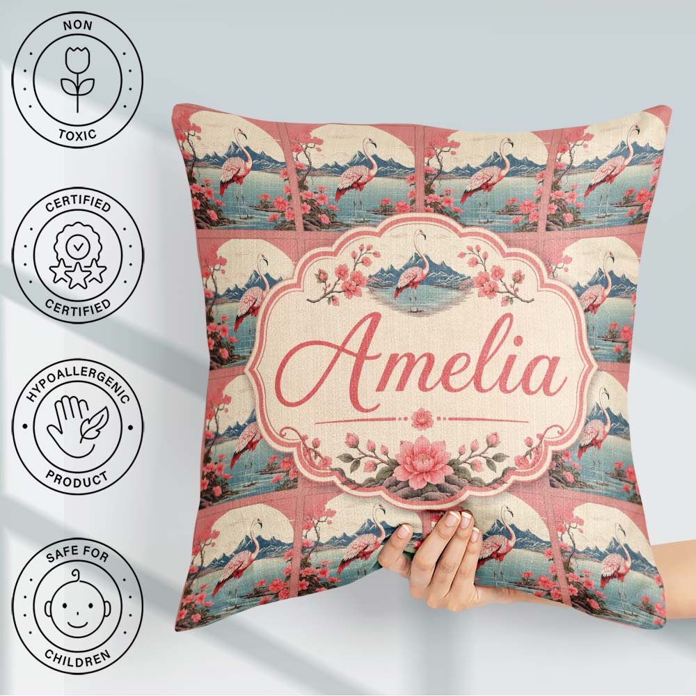 Custom Name Elegant Flamingo Lake with Cherry and Mountain Scene Square Filled Cushion Throw Pillow Sofa Bed Home Decor Zip Washable UK Made
