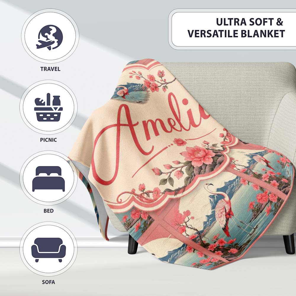 Elegant Flamingo Lake with Cherry Blossom and Mountain Scene Lovely Personalised Custom Name Super Soft Fleece Blanket Bed Sofa Throw
