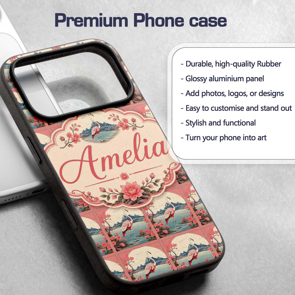 Elegant Flamingo Lake with Cherry Blossom and Custom Name Protective Phone Case Mobile Cover Durable Everyday Smartphone Shock Resistant