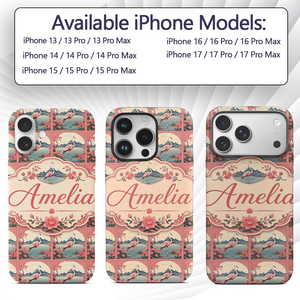 Elegant Flamingo Lake with Cherry Blossom and Custom Name Protective Phone Case Mobile Cover Durable Everyday Smartphone Shock Resistant