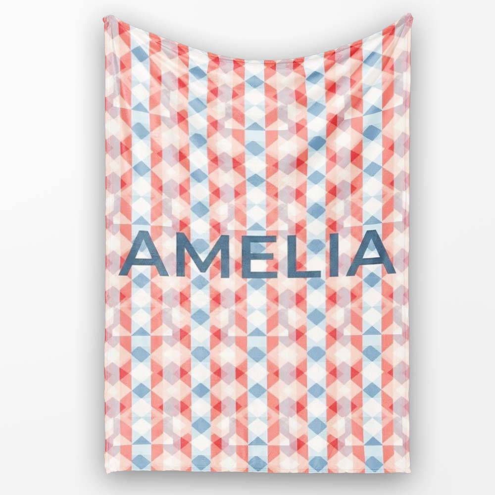 Soft Geometric Diamond Abstract Pattern in Red and Blue Seamless Personalised Custom Name Super Soft Fleece Blanket Bed Sofa Throw