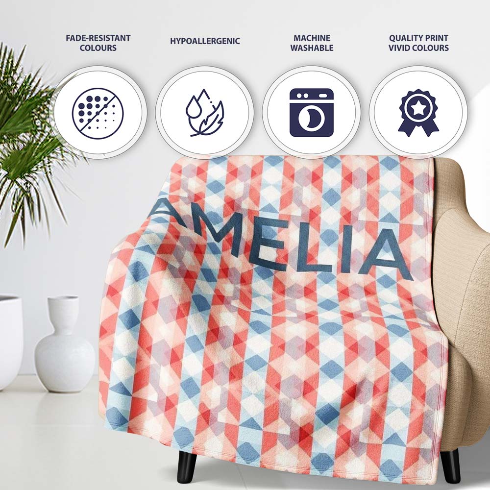 Soft Geometric Diamond Abstract Pattern in Red and Blue Seamless Personalised Custom Name Super Soft Fleece Blanket Bed Sofa Throw