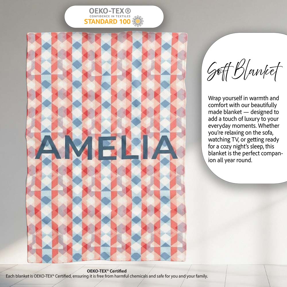Soft Geometric Diamond Abstract Pattern in Red and Blue Seamless Personalised Custom Name Super Soft Fleece Blanket Bed Sofa Throw