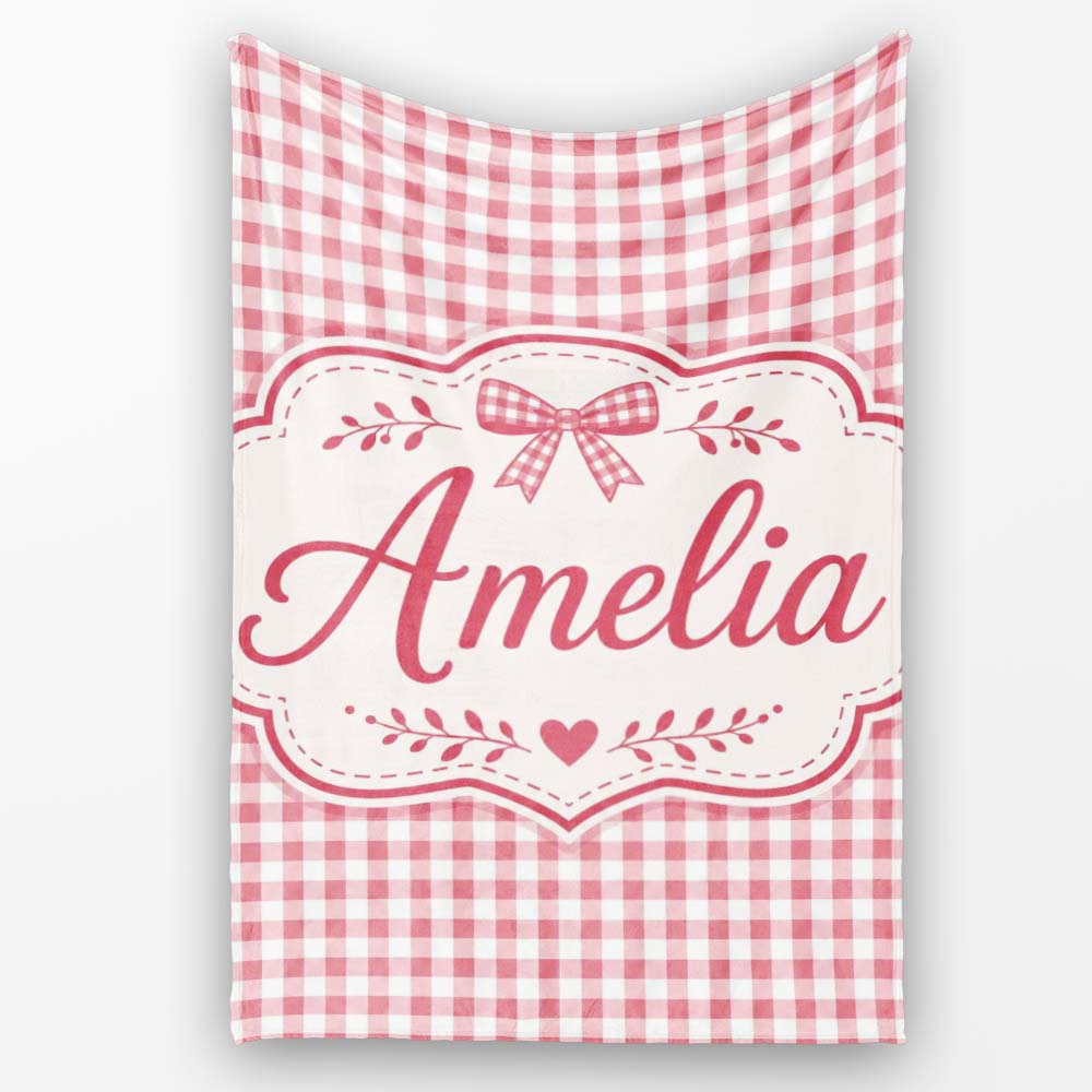 Pink and White Gingham Picnic Style Seamless Pattern Lovely Personalised Custom Name Super Soft Fleece Blanket Bed Sofa Throw