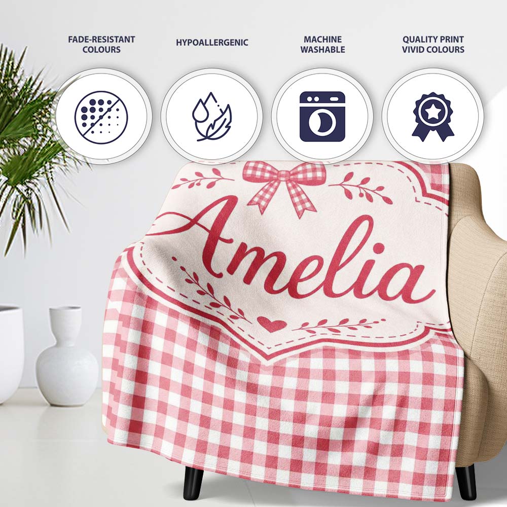 Pink and White Gingham Picnic Style Seamless Pattern Lovely Personalised Custom Name Super Soft Fleece Blanket Bed Sofa Throw