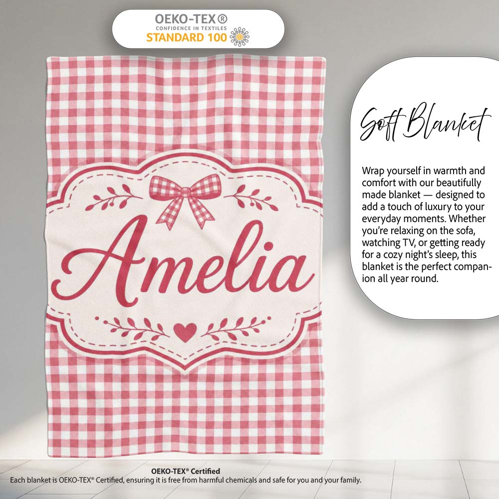 Pink and White Gingham Picnic Style Seamless Pattern Lovely Personalised Custom Name Super Soft Fleece Blanket Bed Sofa Throw