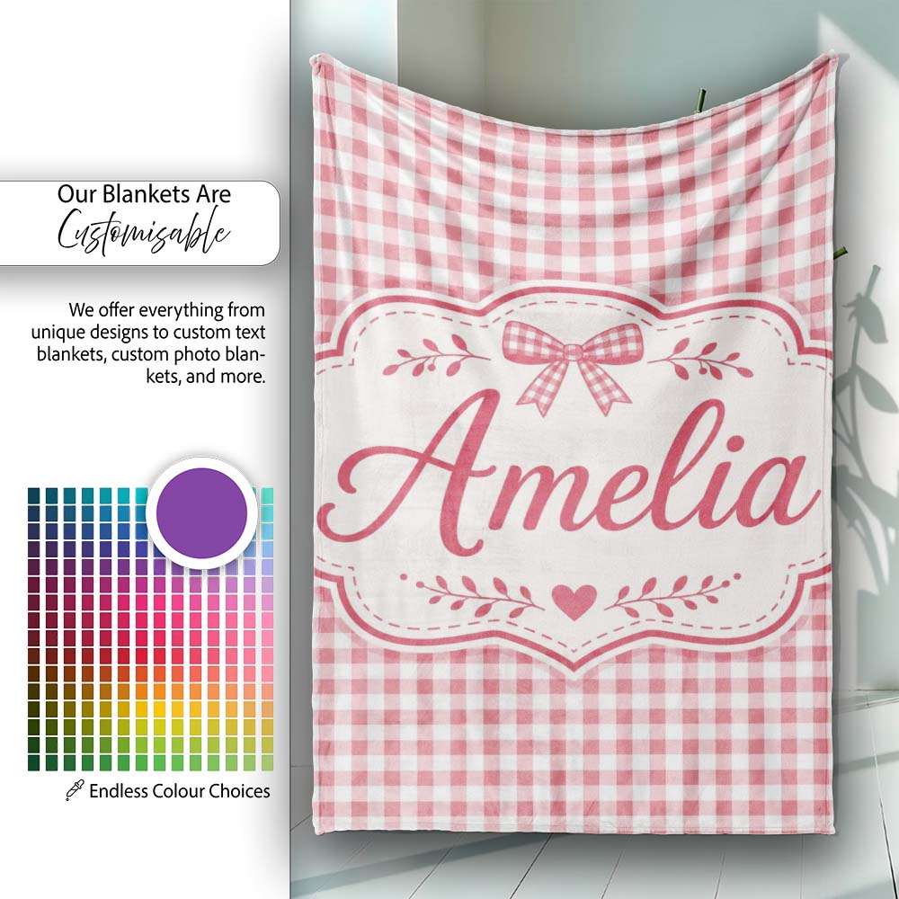 Pink and White Gingham Picnic Style Seamless Pattern Lovely Personalised Custom Name Super Soft Fleece Blanket Bed Sofa Throw