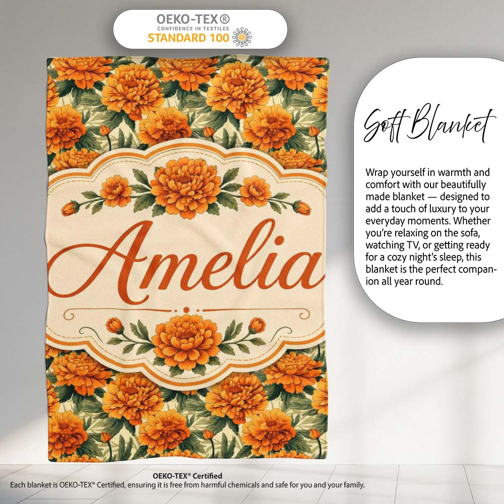 Orange Marigold Flower Garden Seamless Pattern Thoughtful Gift Idea Personalised Custom Name Super Soft Fleece Blanket Bed Sofa Throw