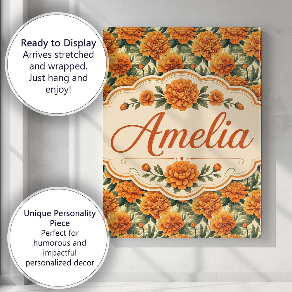 Personalised Name Orange Marigold Flower Custom Unique Gift Idea Elegant Feature Canvas Wall Art Print Decor Picture Ready to Hang