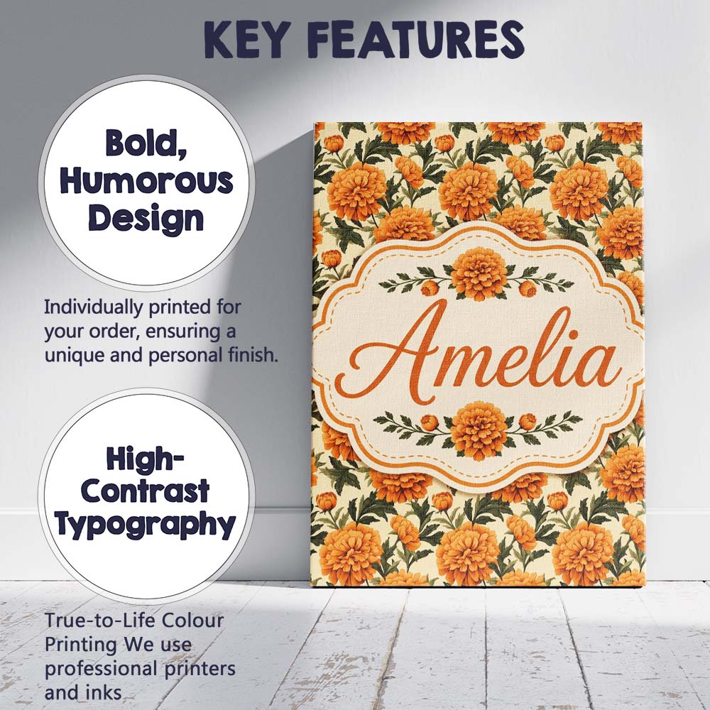 Personalised Name Orange Marigold Floral Custom Unique Gift Idea Elegant Feature Canvas Wall Art Print Decor Picture Ready to Hang