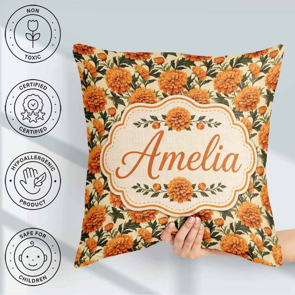 Custom Name Orange Marigold Floral Garden Seamless Pattern for Square Filled Cushion Throw Pillow Sofa Bed Home Decor Zip Washable UK Made