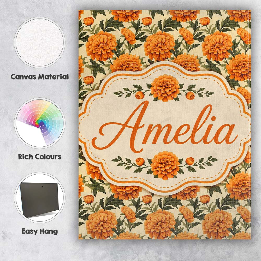 Personalised Name Orange Marigold Floral Custom Unique Gift Idea Elegant Feature Canvas Wall Art Print Decor Picture Ready to Hang