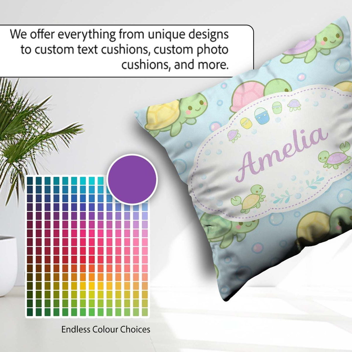 Custom Name Cute Pastel Turtle Cartoon Animal Ocean Pattern Cup Square Filled Cushion Throw Pillow Sofa Bed Home Decor Zip Washable UK Made
