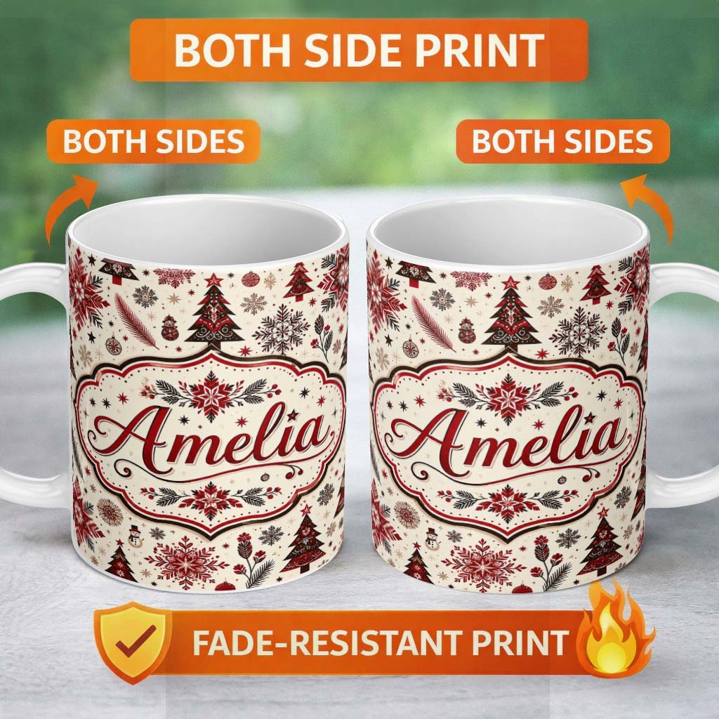 Personalized Custom Name Vintage Red Black Snowflakes and Christmas Trees Seamless Pattern 11oz Ceramic Coffee Tea Mug White Large Handle