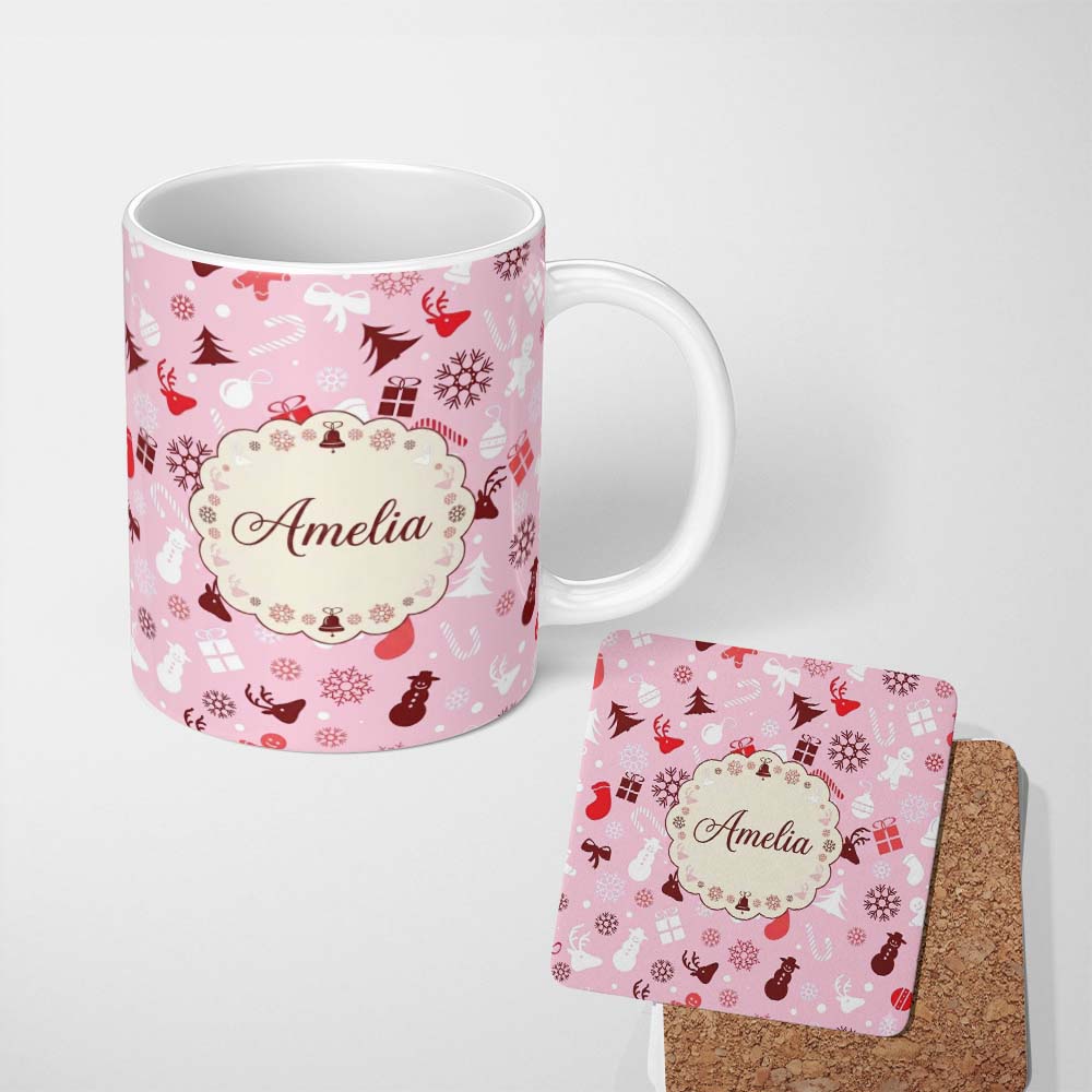 Personalized Custom Name Festive Christmas Reindeer Gift Candy Cane Seamless Pattern Lovely 11oz Ceramic Coffee Tea Mug White Large Handle