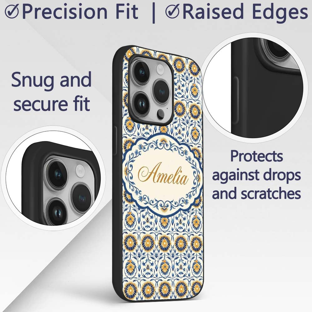 Blue and Yellow Folk Art Floral Tile Seamless Custom Name Protective Phone Case Mobile Cover Durable Everyday Smartphone Shock Resistant