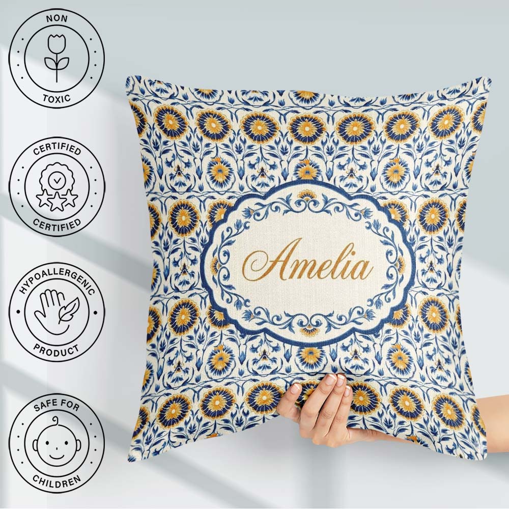 Custom Name Blue and Yellow Folk Art Floral Tile Seamless Lovely Square Filled Cushion Throw Pillow Sofa Bed Home Decor Zip Washable UK Made