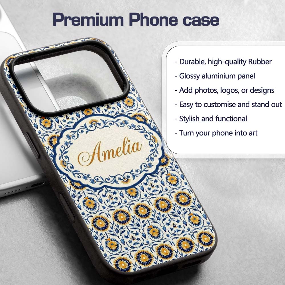 Blue and Yellow Folk Art Floral Tile Seamless Custom Name Protective Phone Case Mobile Cover Durable Everyday Smartphone Shock Resistant