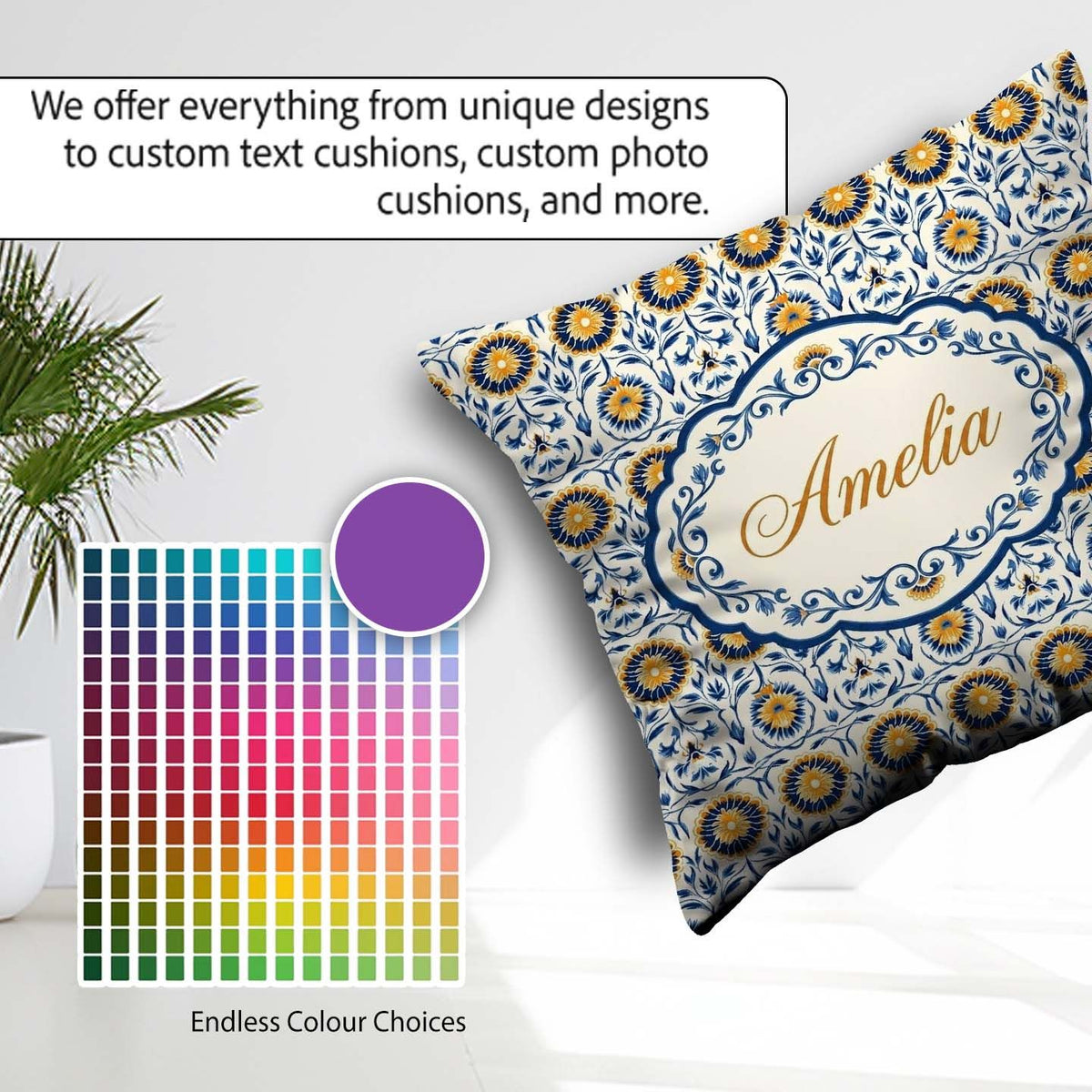 Custom Name Blue and Yellow Folk Art Floral Tile Seamless Lovely Square Filled Cushion Throw Pillow Sofa Bed Home Decor Zip Washable UK Made
