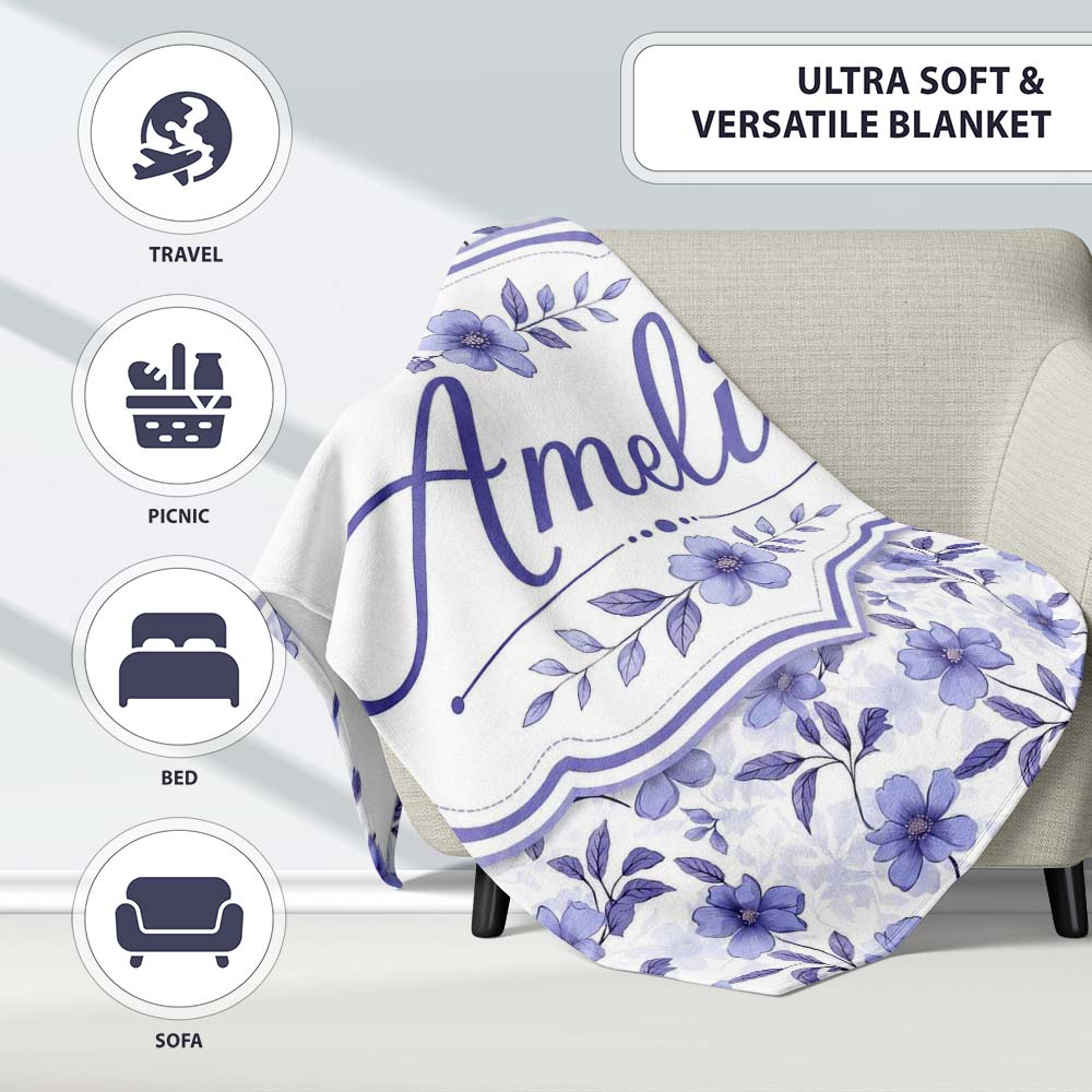 Soft Purple Wildflower Botanical Seamless Pattern Cute Unique Gift Personalised Custom Name Super Soft Fleece Blanket Bed Sofa Throw