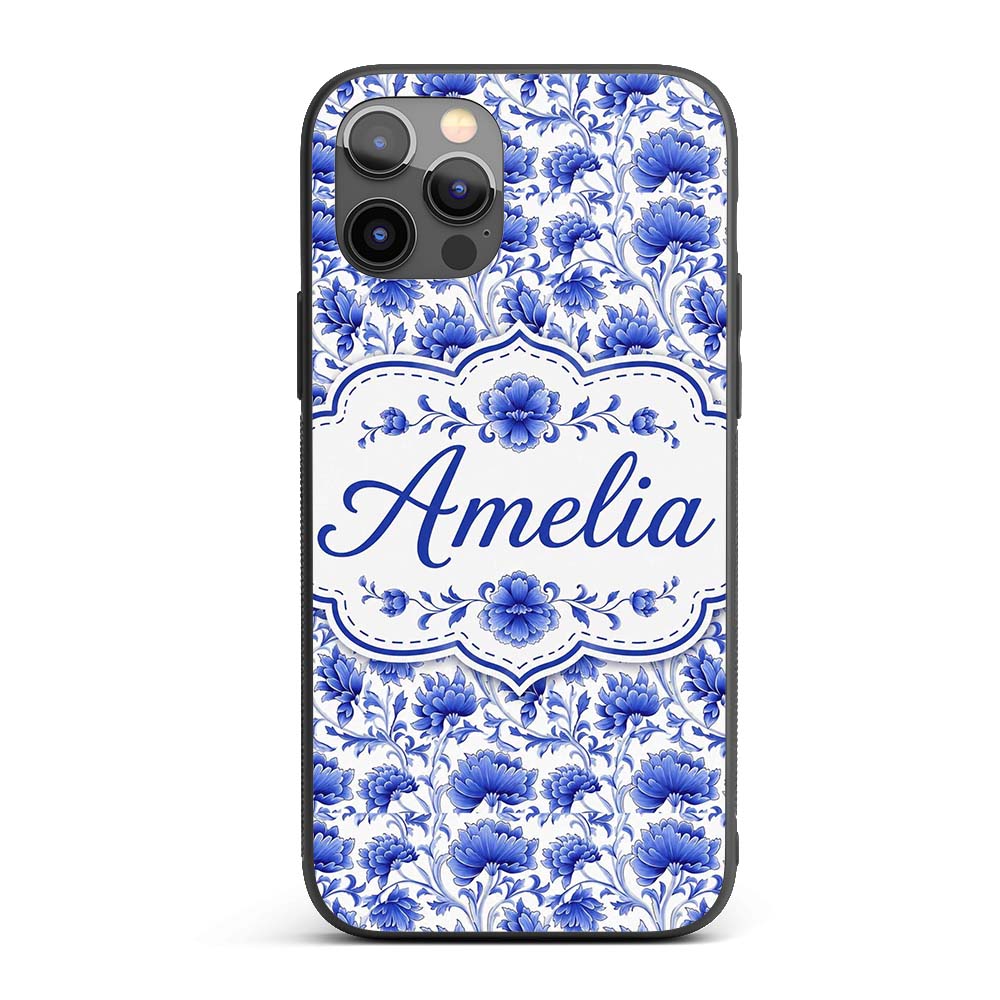 Elegant Blue Vintage Floral Vine Seamless Pattern Custom Name Protective Phone Case Mobile Cover Durable Everyday Smartphone Shock Resistant