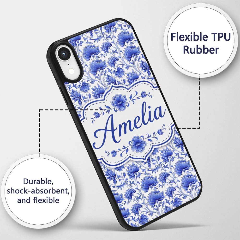Elegant Blue Vintage Floral Vine Seamless Pattern Custom Name Protective Phone Case Mobile Cover Durable Everyday Smartphone Shock Resistant