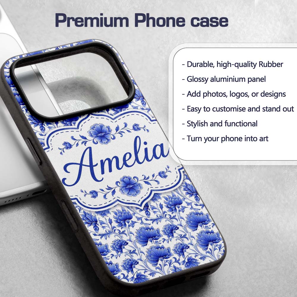 Elegant Blue Vintage Floral Vine Seamless Pattern Custom Name Protective Phone Case Mobile Cover Durable Everyday Smartphone Shock Resistant