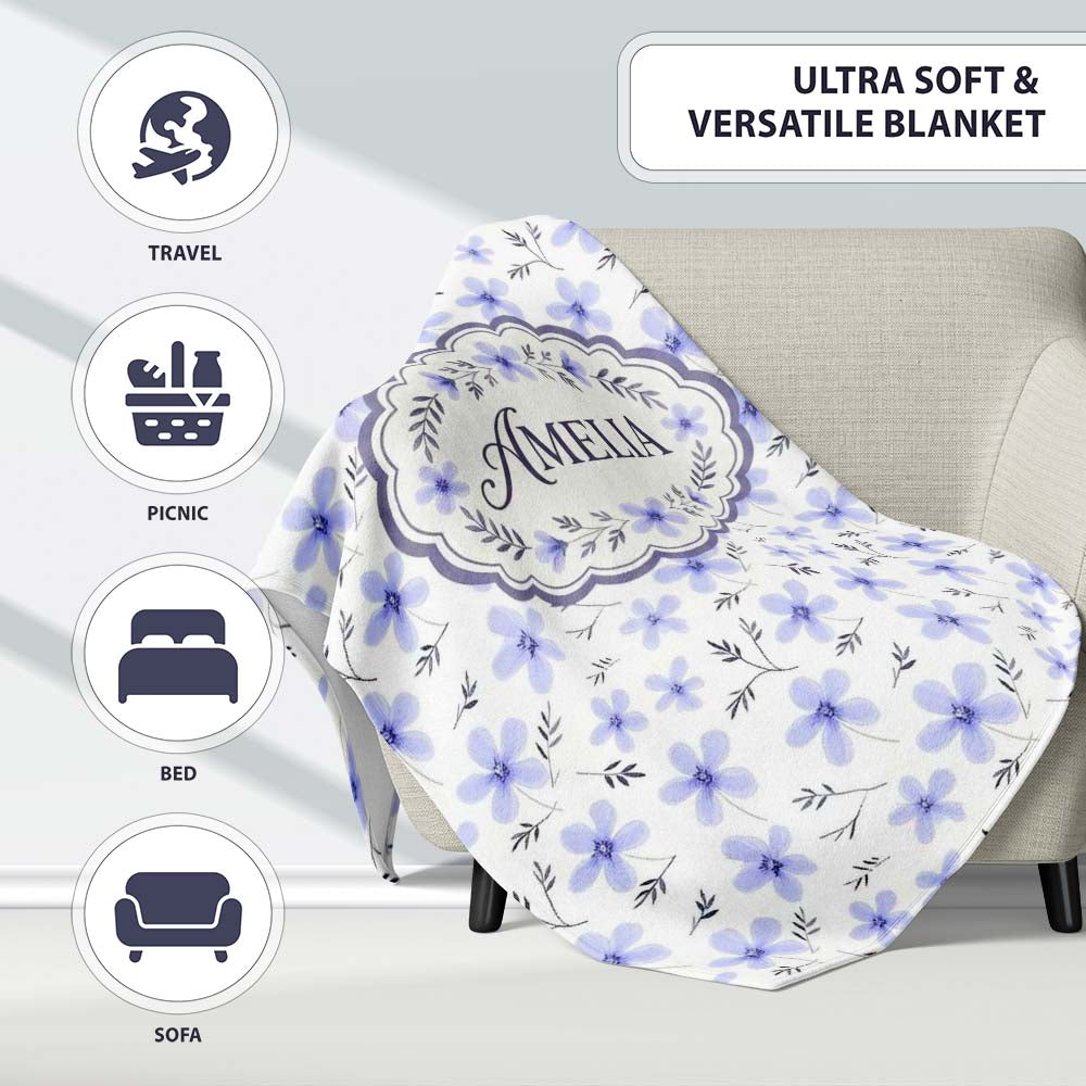 Delicate Light Blue Floral Ditsy Seamless Pattern Cute Unique Gift Personalised Custom Name Super Soft Fleece Blanket Bed Sofa Throw