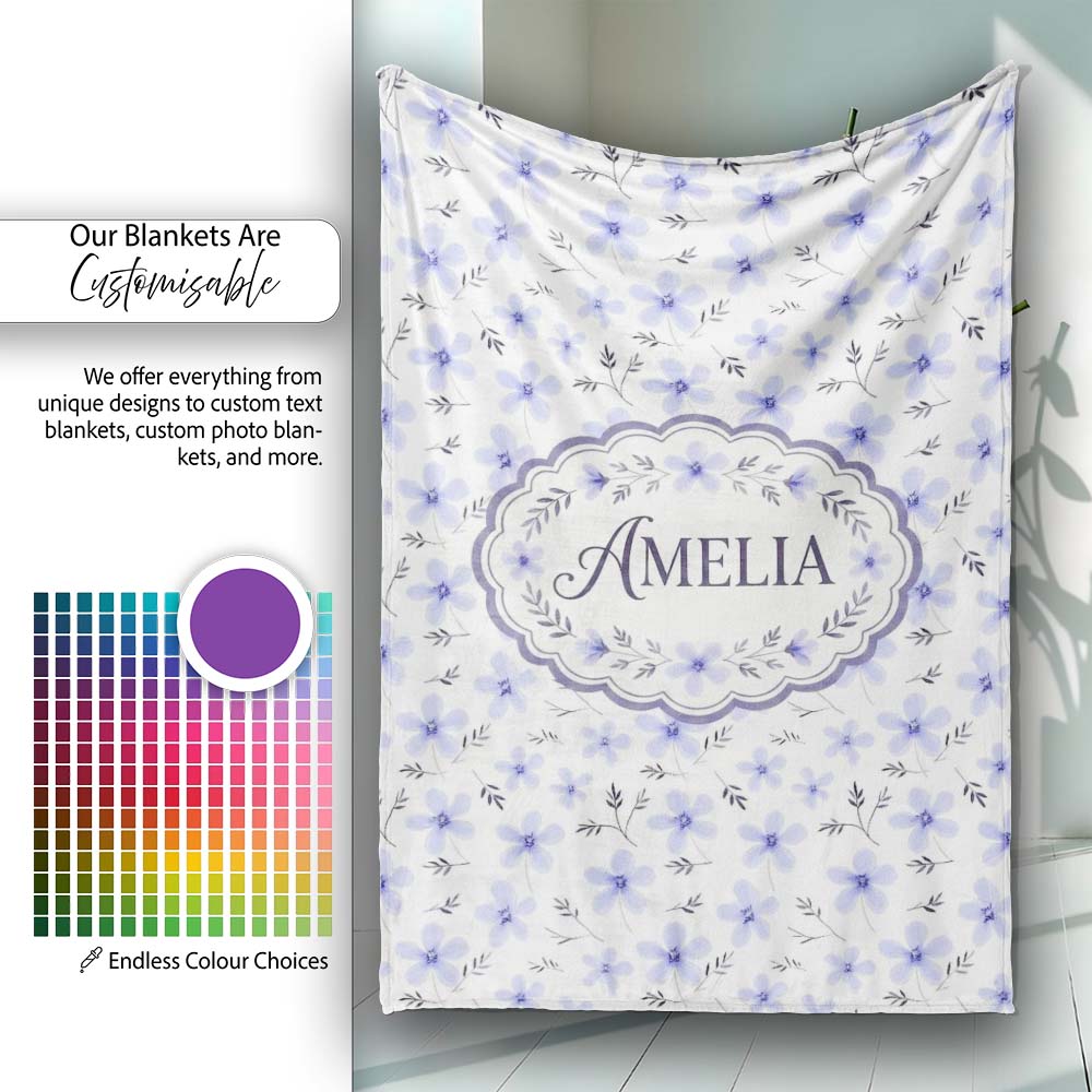 Delicate Light Blue Floral Ditsy Seamless Pattern Cute Unique Gift Personalised Custom Name Super Soft Fleece Blanket Bed Sofa Throw