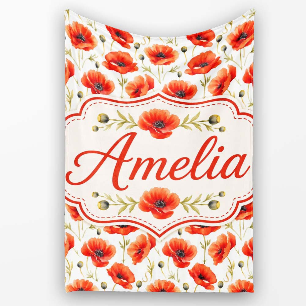 Red Poppy Flower Watercolor Seamless Pattern Charming Decor Personalised Custom Name Super Soft Fleece Blanket Bed Sofa Throw