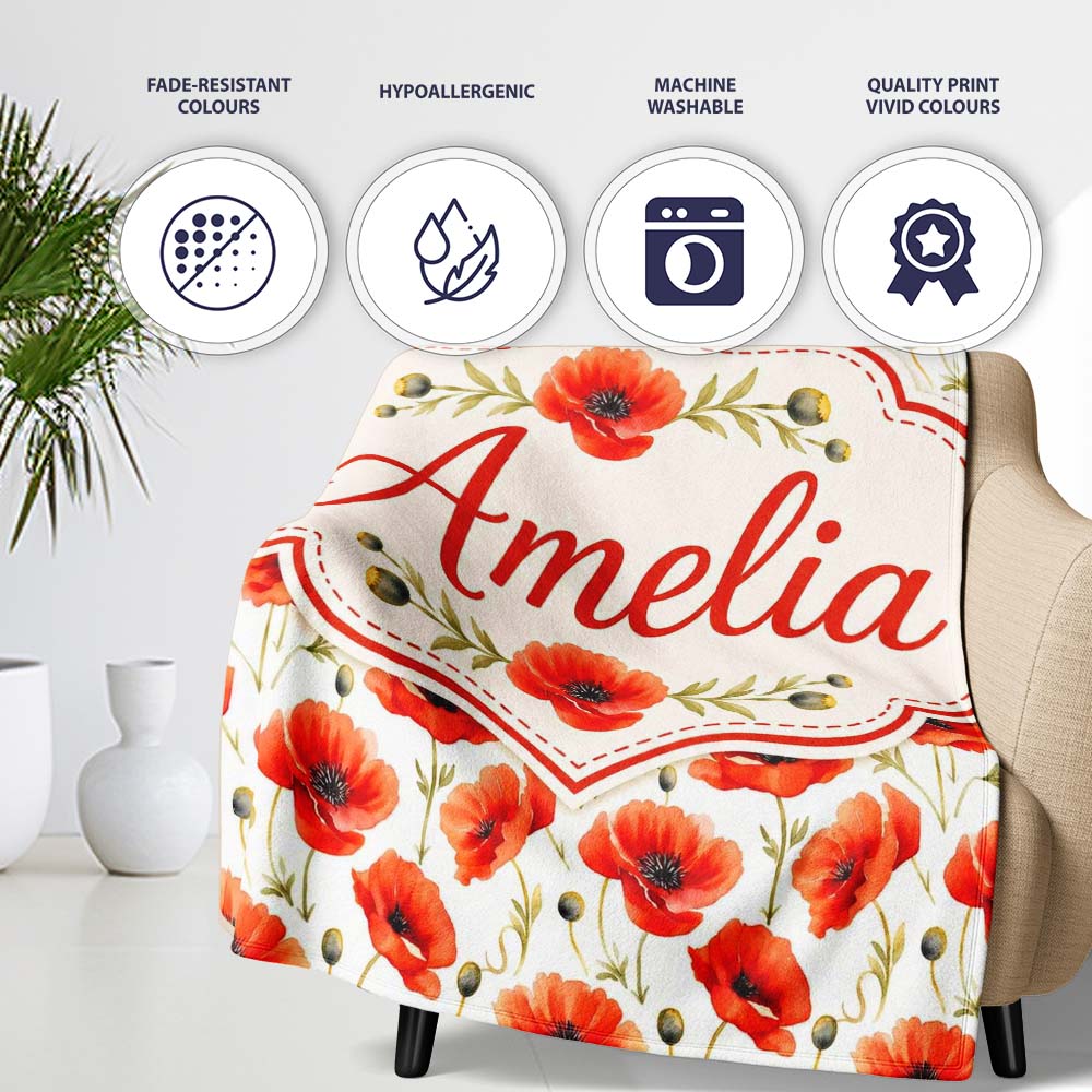 Red Poppy Flower Watercolor Seamless Pattern Charming Decor Personalised Custom Name Super Soft Fleece Blanket Bed Sofa Throw