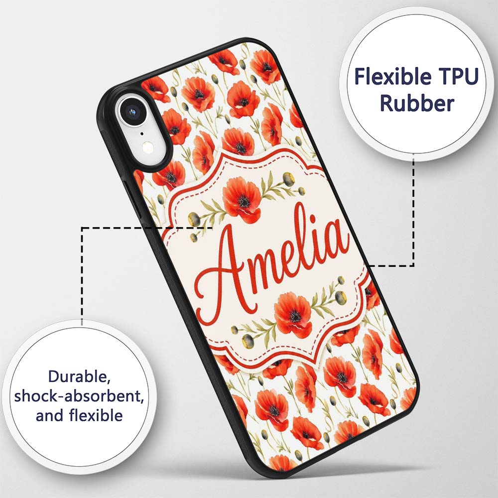 Red Poppy Flower Watercolor Seamless Pattern Custom Name Protective Phone Case Mobile Cover Durable Everyday Smartphone Shock Resistant