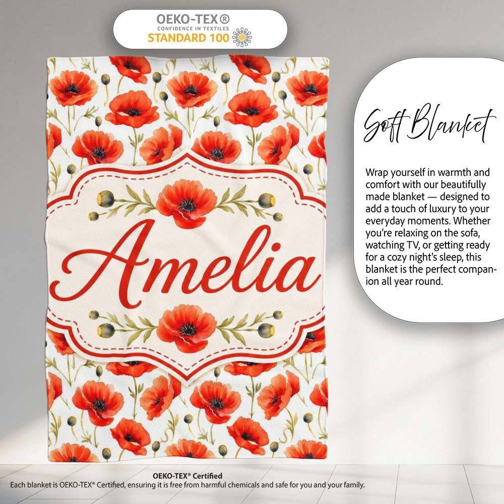 Red Poppy Flower Watercolor Seamless Pattern Charming Decor Personalised Custom Name Super Soft Fleece Blanket Bed Sofa Throw