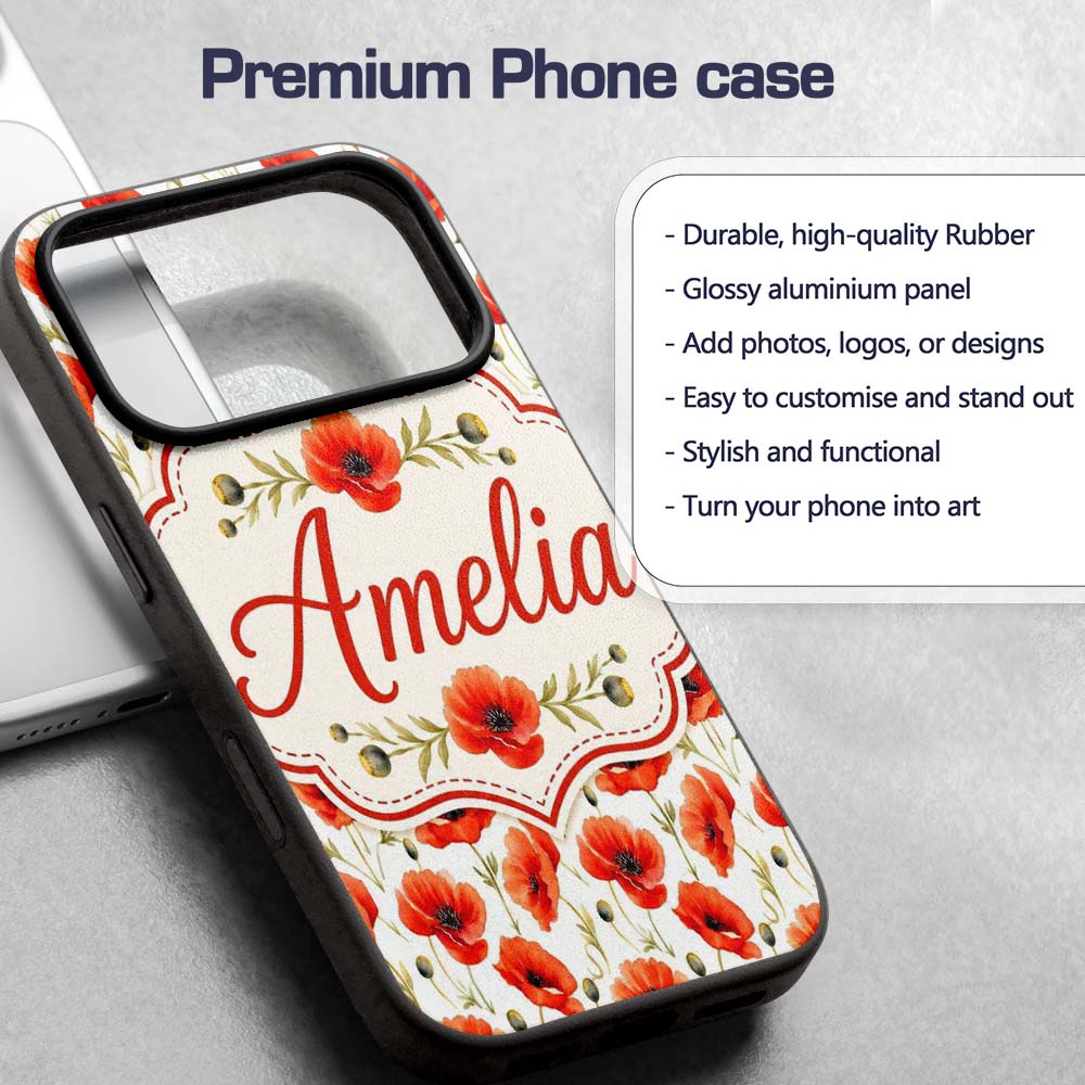 Red Poppy Flower Watercolor Seamless Pattern Custom Name Protective Phone Case Mobile Cover Durable Everyday Smartphone Shock Resistant