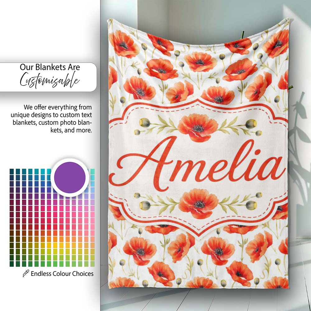 Red Poppy Flower Watercolor Seamless Pattern Charming Decor Personalised Custom Name Super Soft Fleece Blanket Bed Sofa Throw