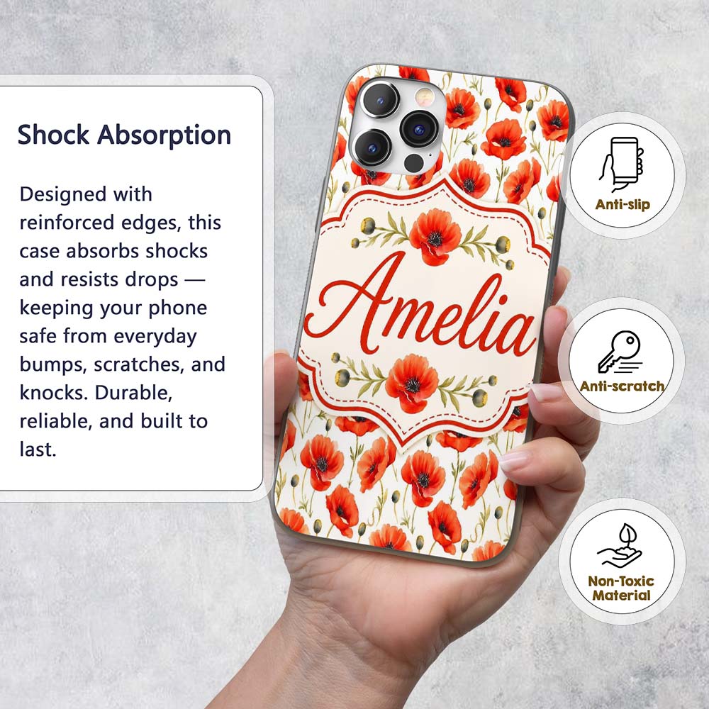 Red Poppy Flower Watercolor Seamless Pattern Custom Name Protective Phone Case Mobile Cover Durable Everyday Smartphone Shock Resistant