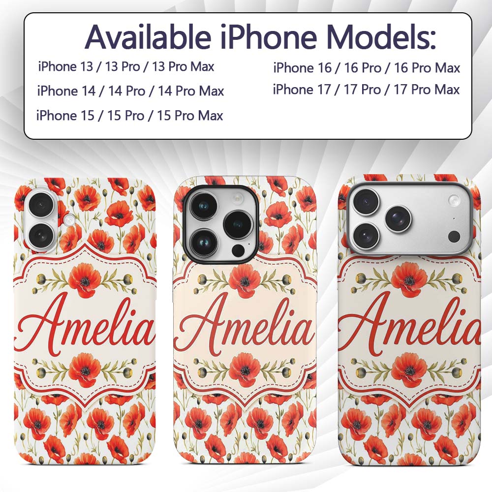 Red Poppy Flower Watercolor Seamless Pattern Custom Name Protective Phone Case Mobile Cover Durable Everyday Smartphone Shock Resistant