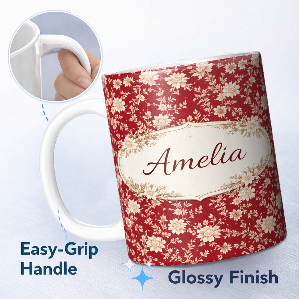 Personalized Custom Name Classic Red and Cream Floral Seamless Pattern Stylish Everyday Mug 11oz Ceramic Coffee Tea Mug White Large Handle