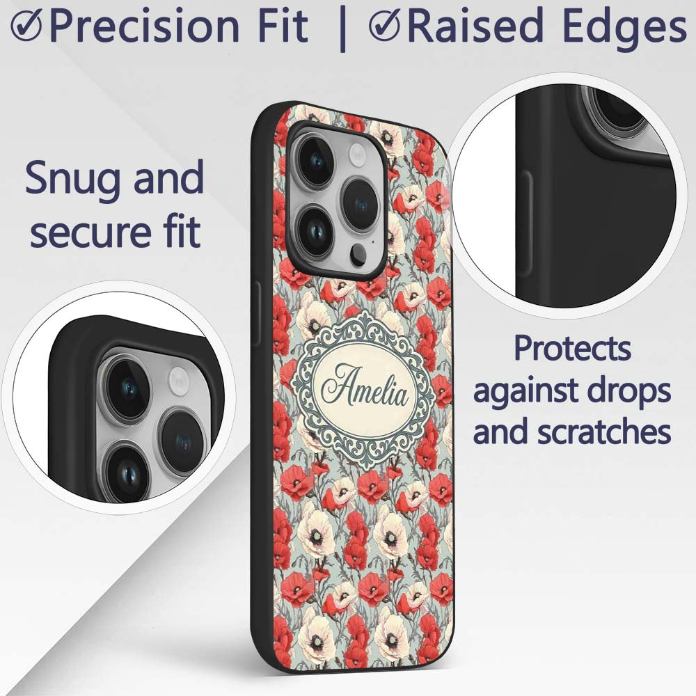 Red and White Poppy Botanical Vintage Seamless Custom Name Protective Phone Case Mobile Cover Durable Everyday Smartphone Shock Resistant
