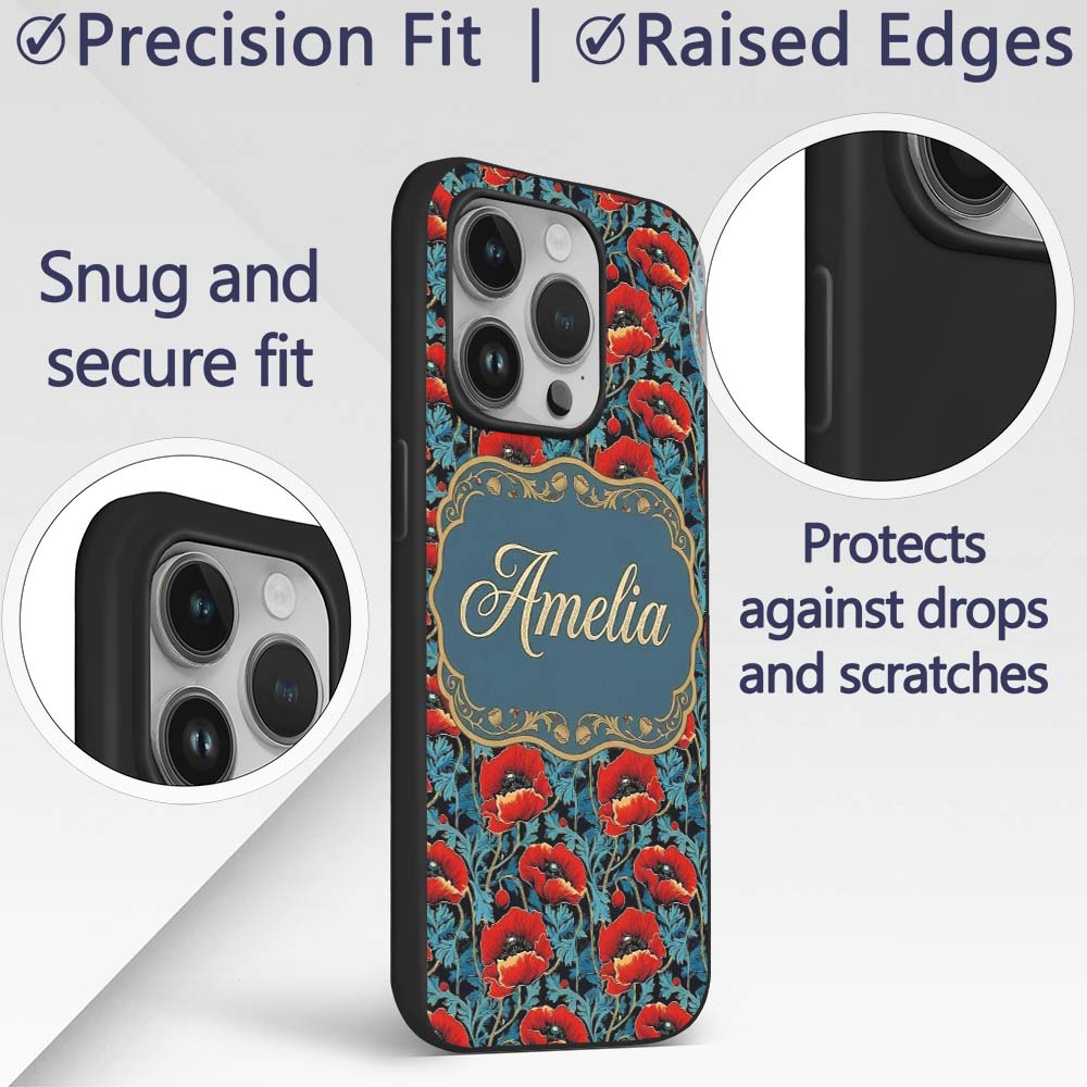 Vintage Red Poppy Floral on Dark Printed Design Custom Name Protective Phone Case Mobile Cover Durable Everyday Smartphone Shock Resistant