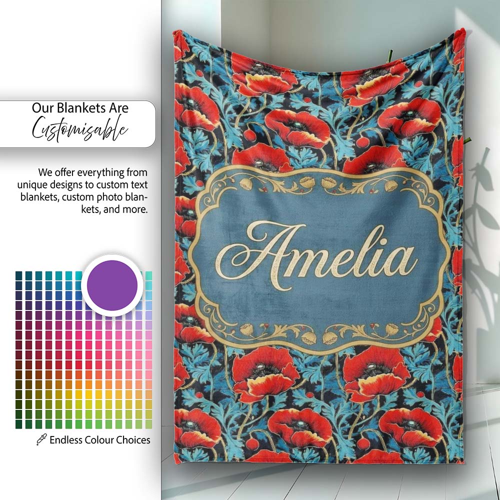 Vintage Red Poppy Floral on Dark Background Seamless Pattern Lovely Personalised Custom Name Super Soft Fleece Blanket Bed Sofa Throw