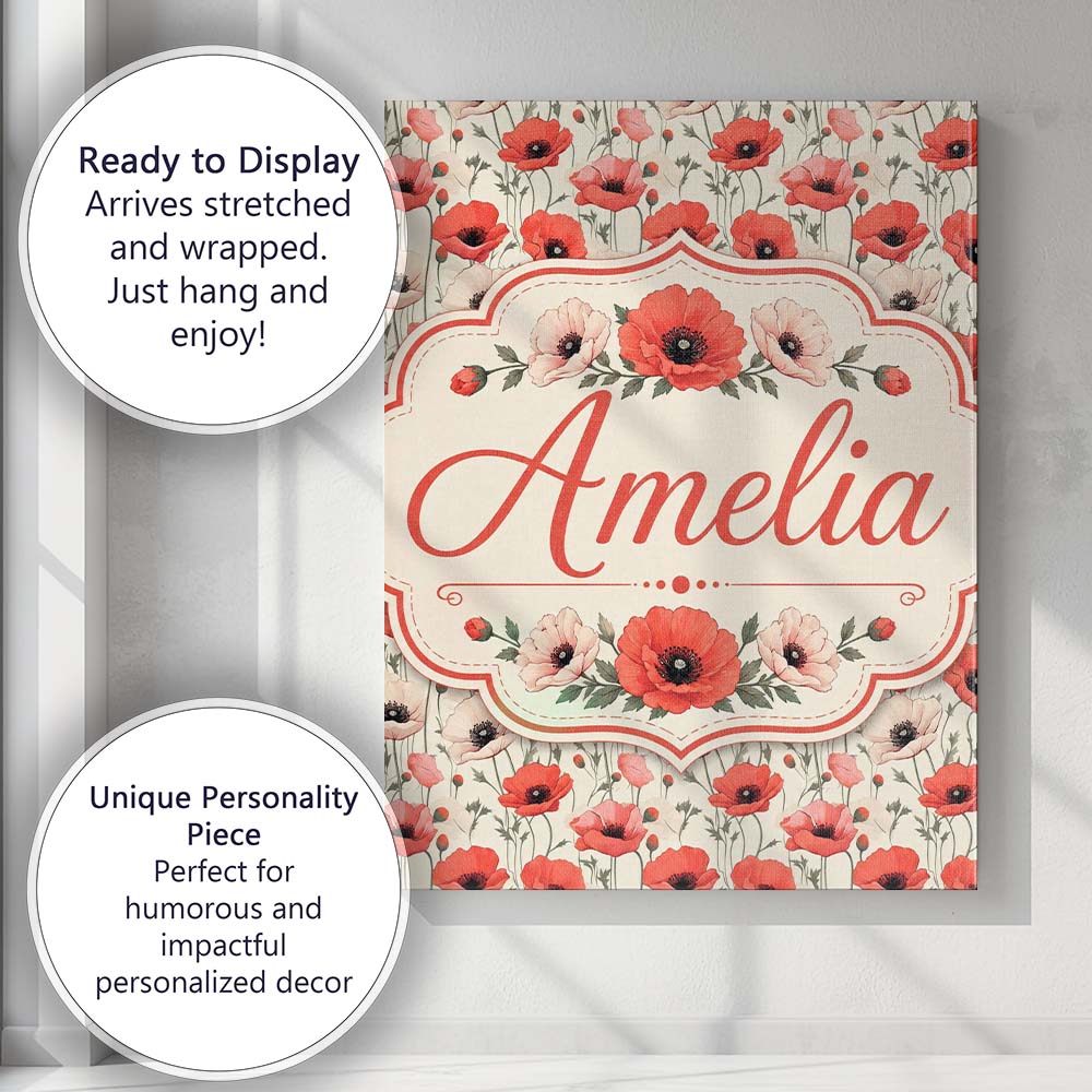 Personalised Name Soft Red and Cream Poppy Custom Unique Gift Idea Elegant Feature Canvas Wall Art Print Decor Picture Ready to Hang
