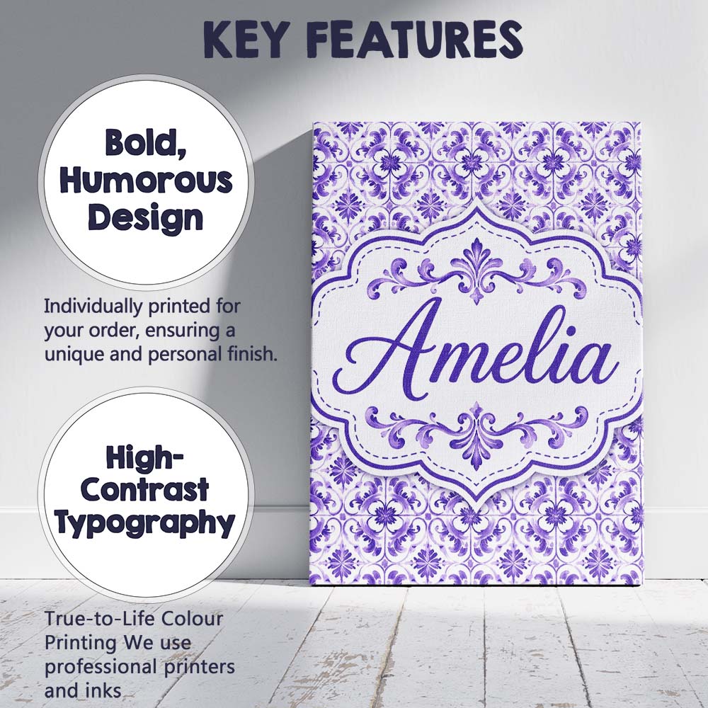 Personalised Name Purple Ornamental Tile Custom Unique Gift Idea Elegant Feature Canvas Wall Art Print Decor Picture Ready to Hang