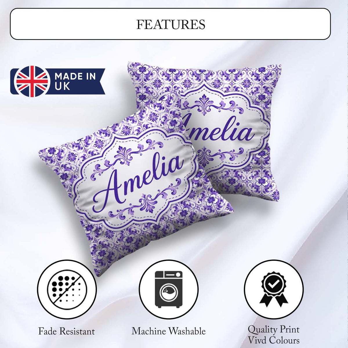 Custom Name Purple Ornamental Tile Floral Seamless Pattern Cup Square Filled Cushion Throw Pillow Sofa Bed Home Decor Zip Washable UK Made