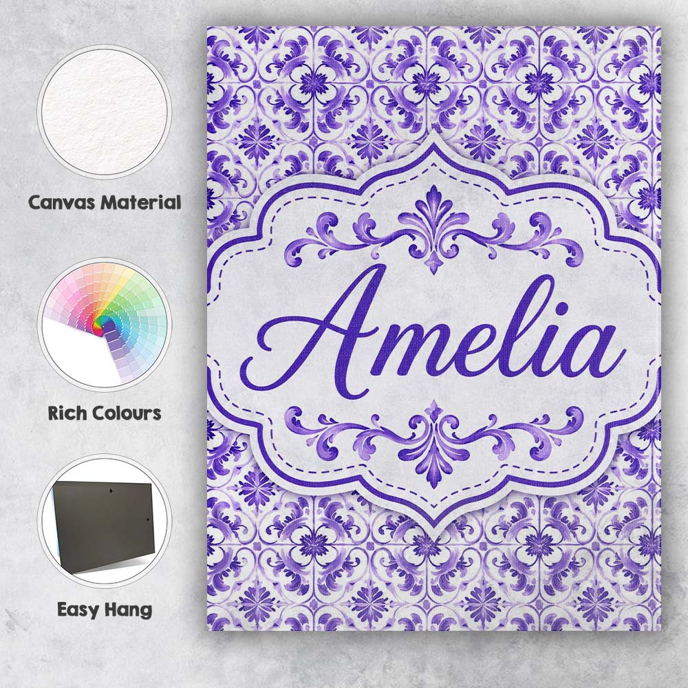 Personalised Name Purple Ornamental Tile Custom Unique Gift Idea Elegant Feature Canvas Wall Art Print Decor Picture Ready to Hang