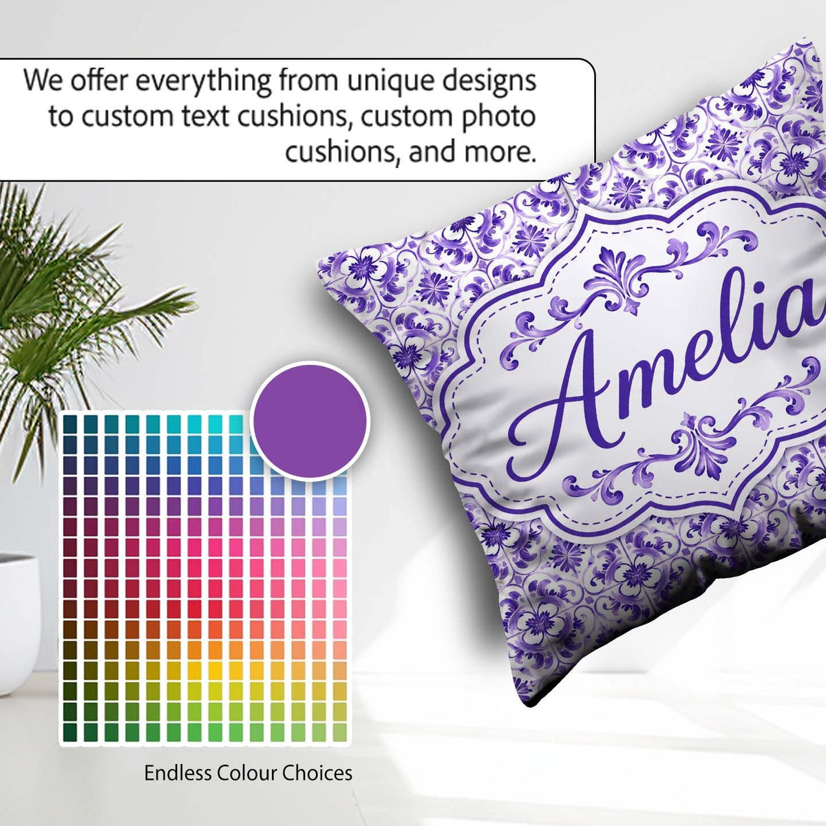 Custom Name Purple Ornamental Tile Floral Seamless Pattern Cup Square Filled Cushion Throw Pillow Sofa Bed Home Decor Zip Washable UK Made