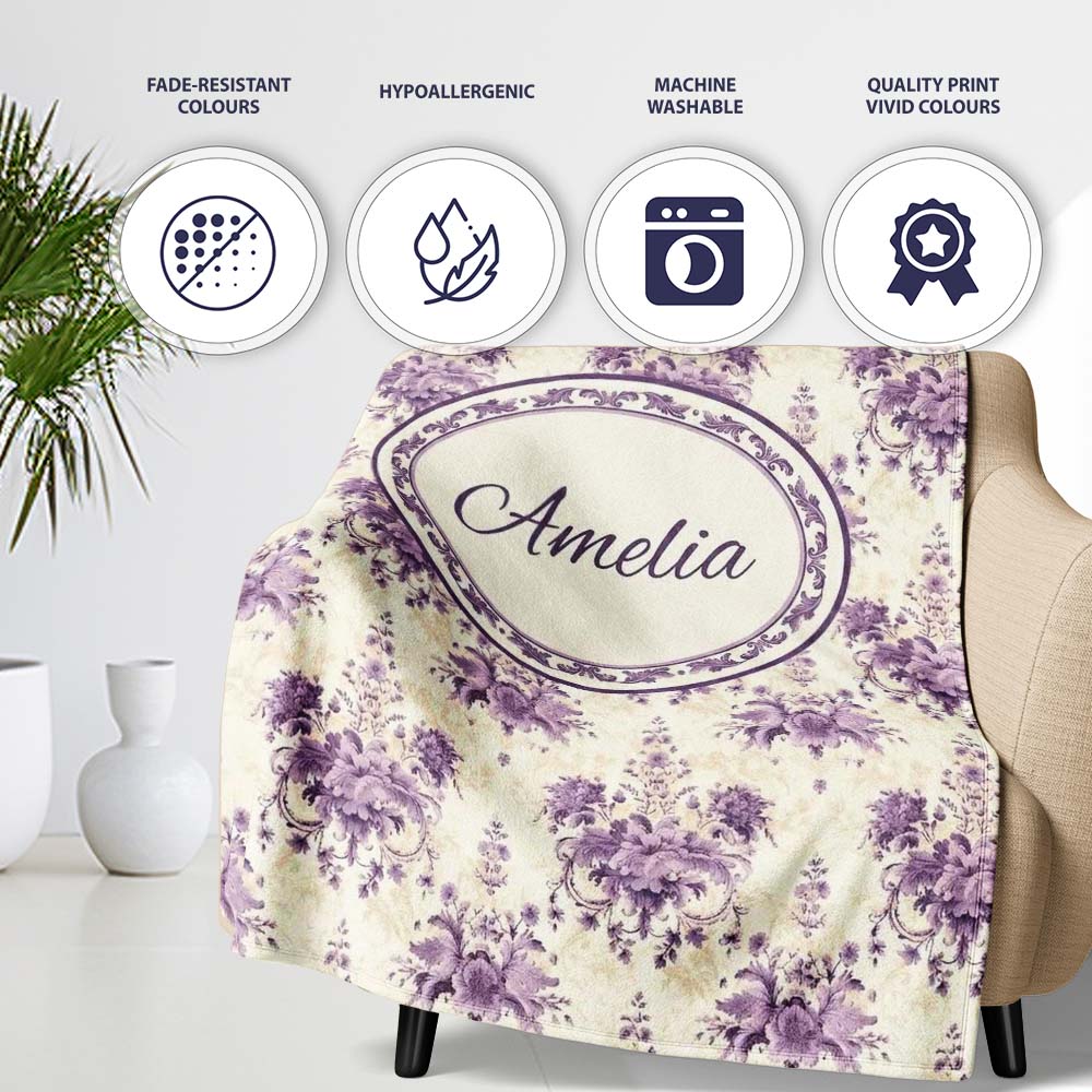 Elegant Purple Damask Floral Vintage Seamless Pattern Lovely Personalised Custom Name Super Soft Fleece Blanket Bed Sofa Throw